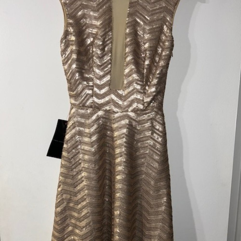 BeBe Champagne Frosty Zig Zag Sequin Flare D Midi Dress XS NWT NEW UNWORN - Picture 4 of 5